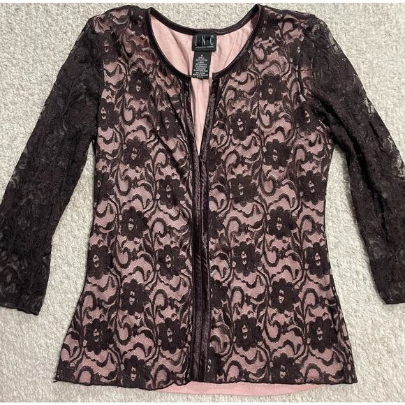 Y2K I.N.C International Concepts Small Split Neck Tunic Top Lace Black Pink - Picture 1 of 7